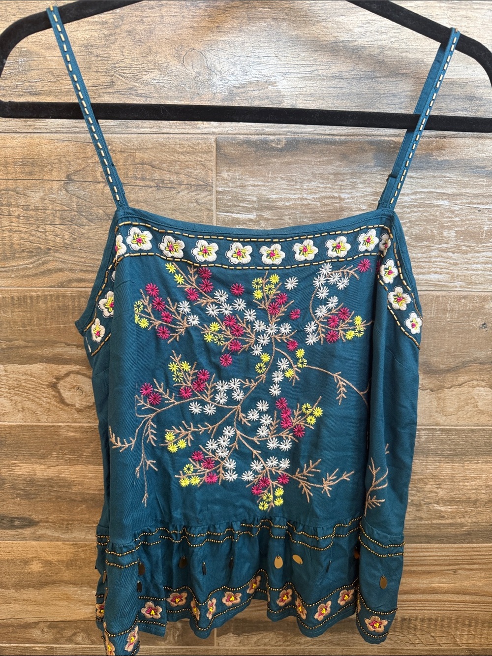 Anthropologie Teal Floral Embroidered Spaghetti-Strap Camisole Top